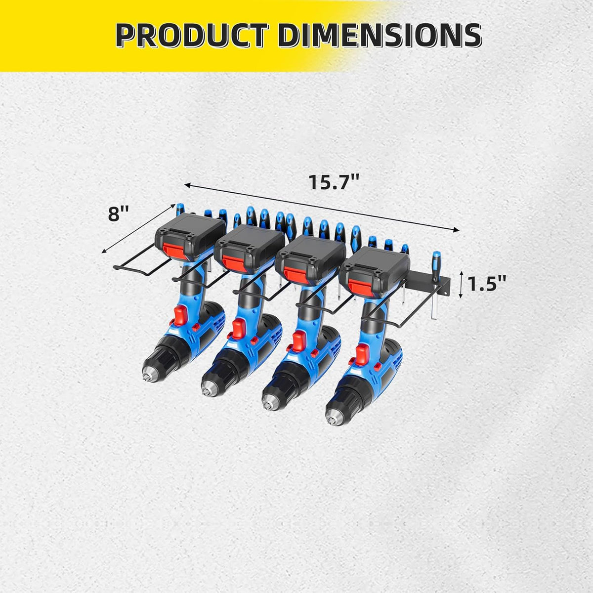 Power Tool Organizer Wall Mount with Charging Station, 4 Layers 6 Drill Holder, Heavy Duty Storage Utility Racks, Supports 600 lbs,Battery Shelf for Garage and Workbench (16 Inch Holder Basic Version)