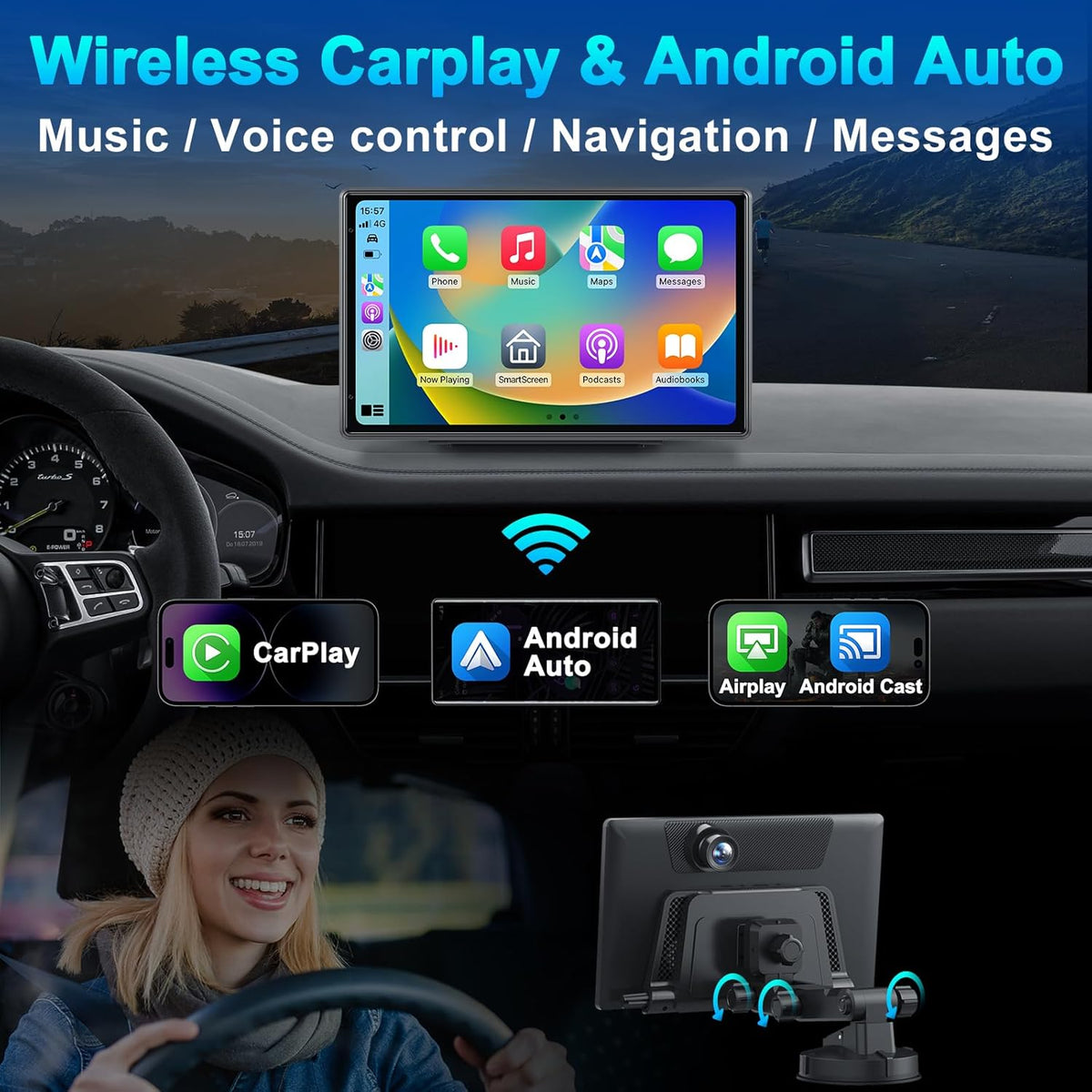Wireless Portable Carplay Screen with 4K Dash Cam, Android Auto, 9'' Auto-Dimming Screen with Strongest Suction Mount, GPS Navigation for Car, 1080P Backup Camera, Loop Recording