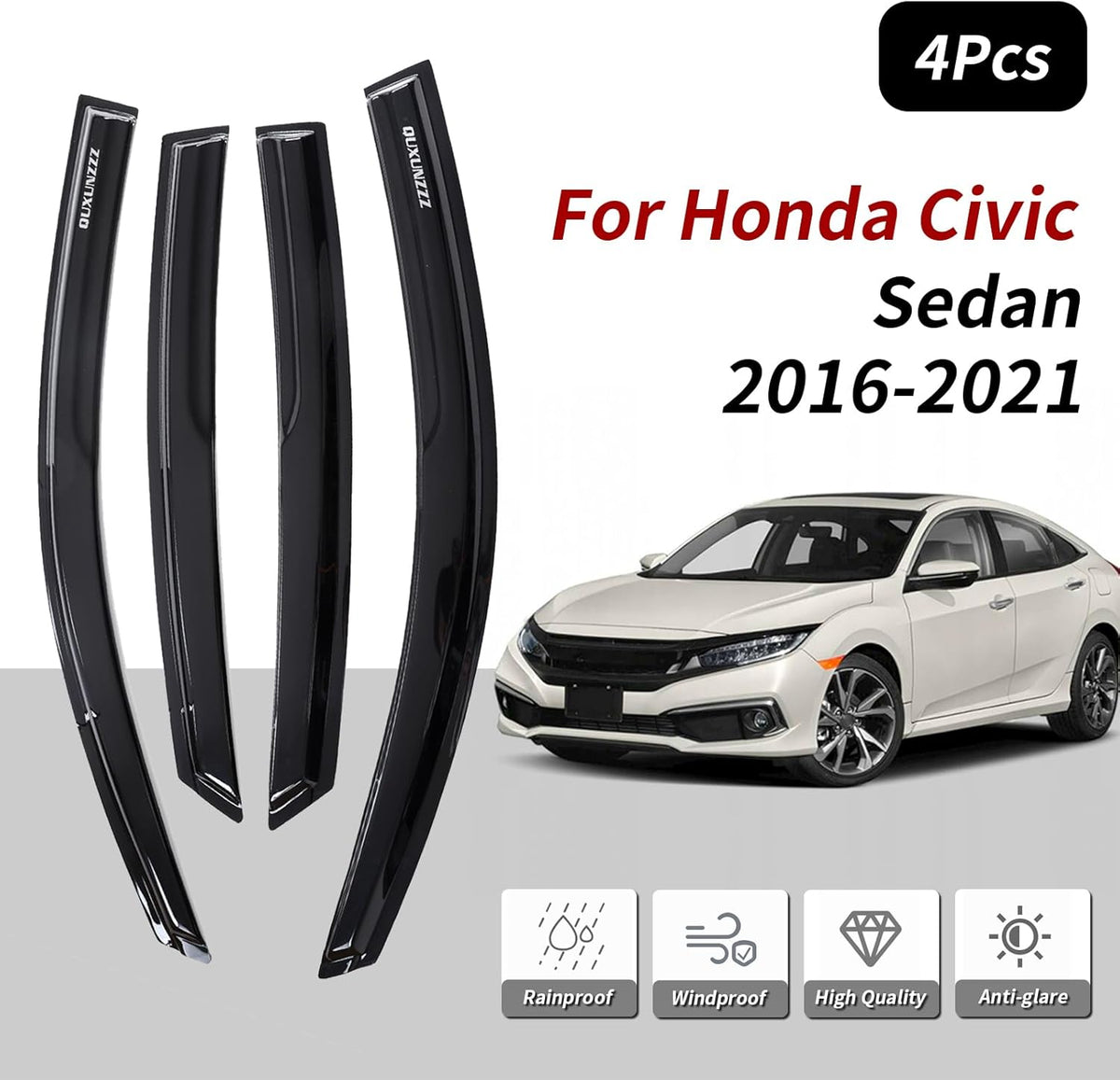 Rain Guards Side Window Visor Vent Outside Mount, 4PCS Fits for Honda Civic 4 Door Sedan 2016 2017 2018 2019 2020 2021 Model Only
