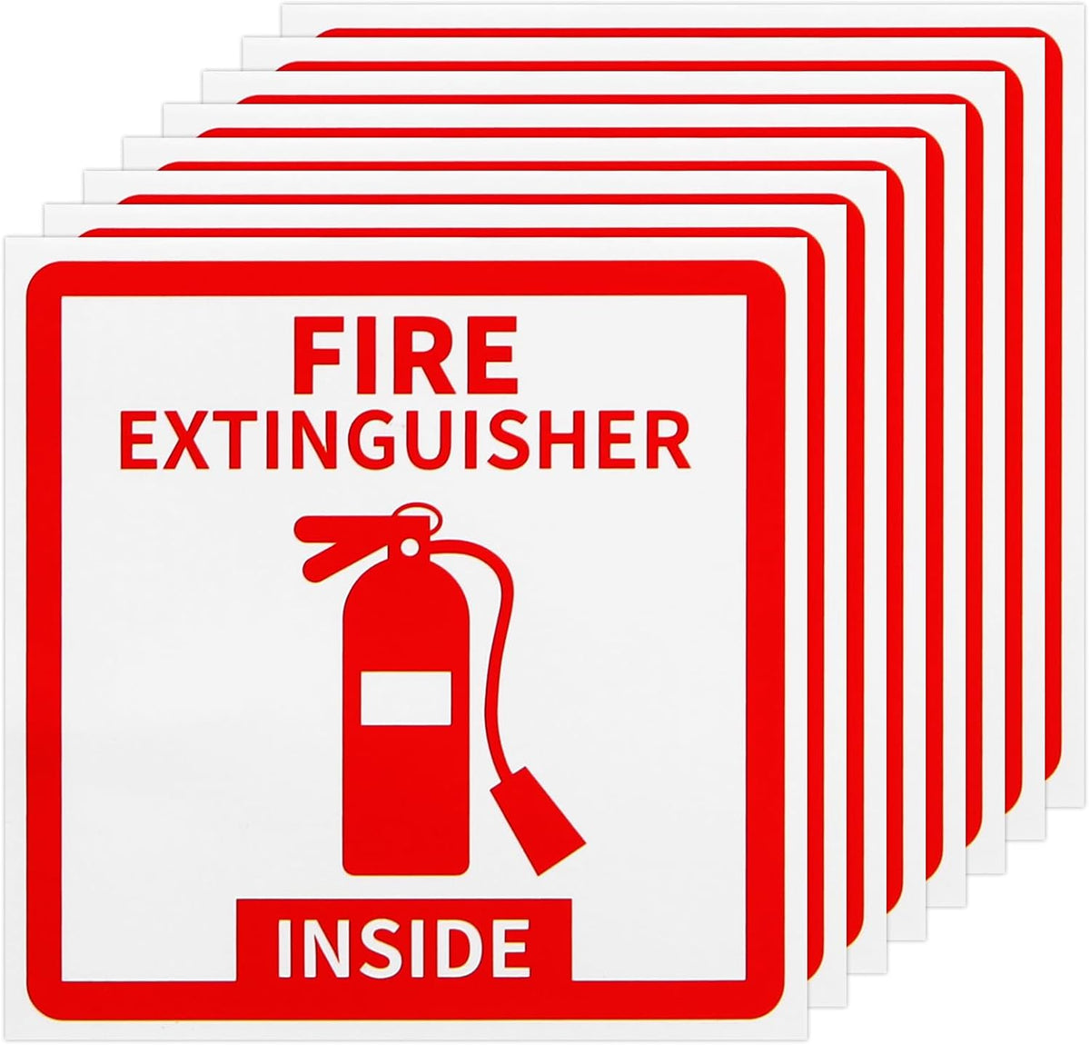 Madrigal Fire Extinguisher Inside Sticker Sign,8Pack 3x3" Self-Adhesive Vinyl, Weatherproof & UV Protected for Cars, Trailers, Rv's, Trucks and Vehicles, Red on White