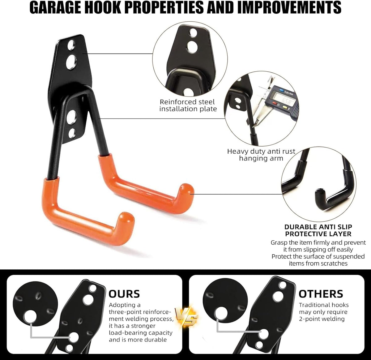 Garage Hooks, 6 Pack Small Round Wall Hooks for Hanging Heavy Duty Ladders, Bikes, Tools Ideal for Garage, Garden, Basement Utility Room Storage (Orange)