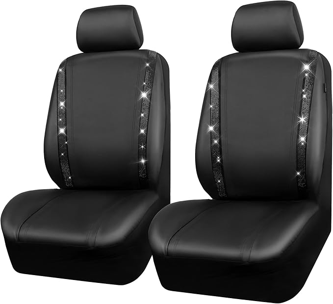 CAR PASS Leather Bling Diamond Car Seat Covers 2 Front Interior Sets, Waterproof Universal Shining Glitter Crystal Sparkle Fit for 95% Automotive Truck SUV Cute Women Girl, Black Rhinestone