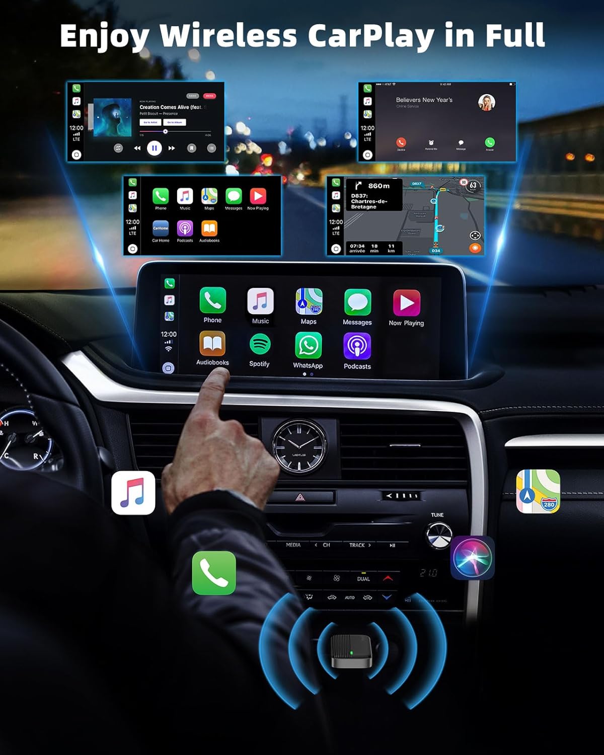 MoKo Wireless CarPlay Adapter for Apple iPhone (2025 Upgraded), Mini Car Play Adapter for iOS 10+ & Cars with Apple CarPlay, Wired Car Play to Wireless, Fast Response Stable Control No Delay