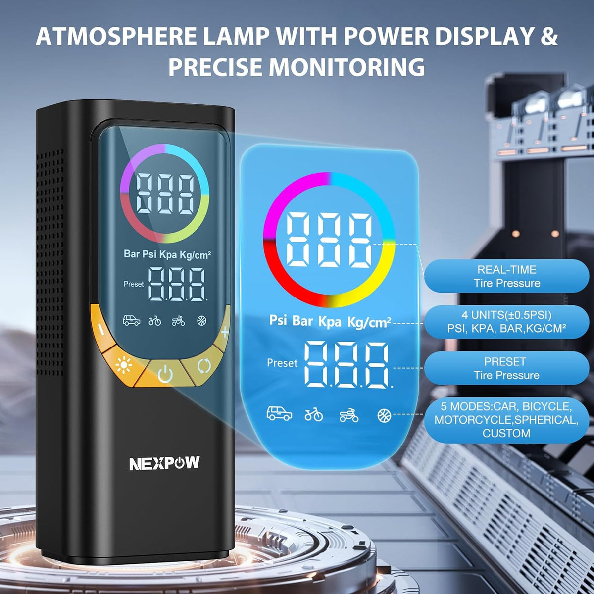 NEXPOW NP17 Portable Air Compressor, 150 PSI Digital Tire Inflator, Fast Inflation with Auto Shut-Off, LED Light, Multiple Nozzles for Car, Bike, and Ball, Compact Design, Yellow