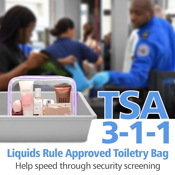 PACKISM Clear Toiletry Bag - 3 Pack Quart Size TSA Approved Toiletry Bag, Travel Makeup Cosmetic Bag for Women Men, Carry on Airport Airline Compliant Bag, Purple