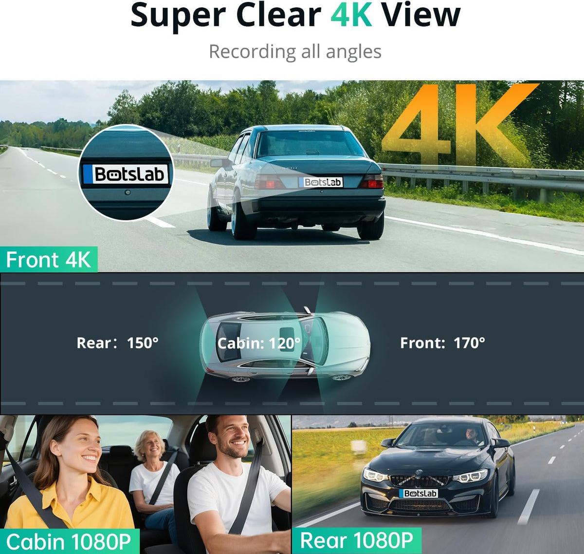 3 Channel Dash Cam 4K with 128GB Card, 3.18" Touch Screen, Voice Control, 4K Front and 1080P Rear Inside Loop Recording, 5.8GHz WiFi, GPS, Night Vision, WDR, Parking Mode