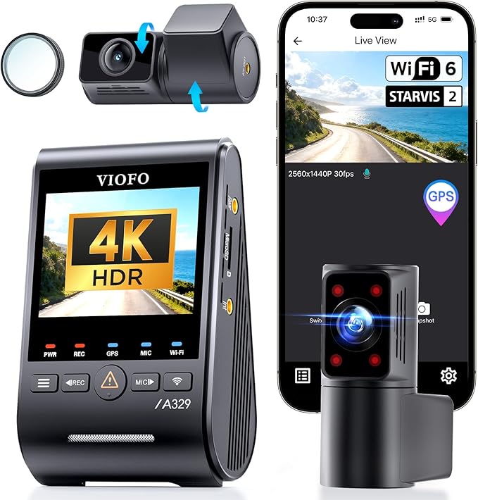 VIOFO A329S 4K 3 Channel Dash Cam, 4K Front + 2K Cabin Fisheye (210°) + 2K Rear, Power Saving Parking Mode, Wi-Fi 6 App Control, All-Channel STARVIS 2 Sensors, Supports up to 4TB SSD Storage