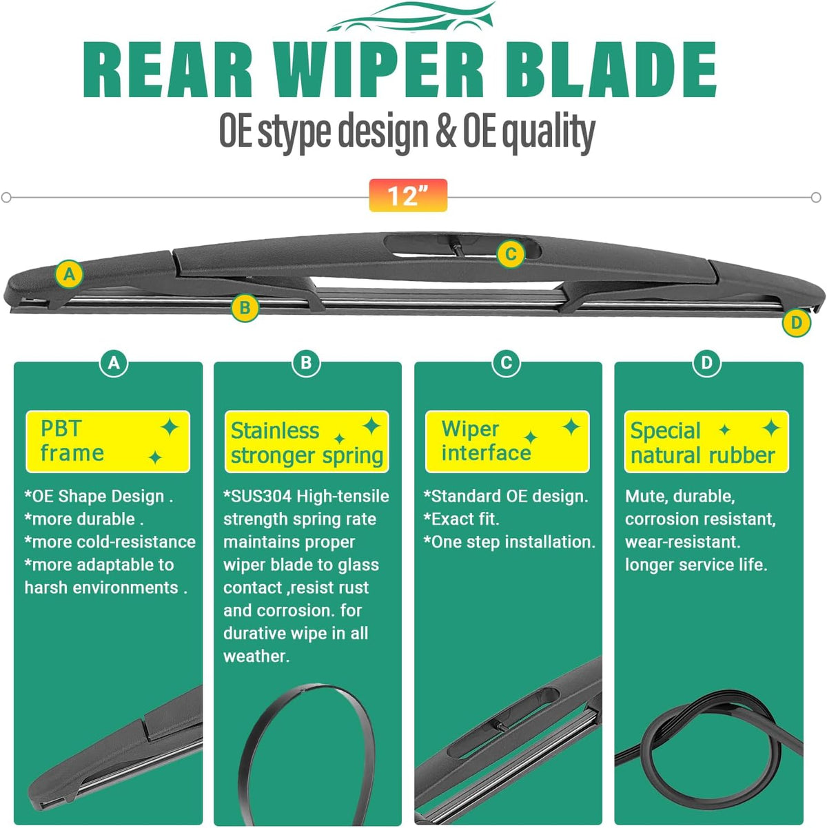 24" 22" 12" Windshield Wiper Blades Replacement for Ford Flex 2009-2019 Premium All Weather Front Rear Wipers Set - OEM Quality (Pack of 3)