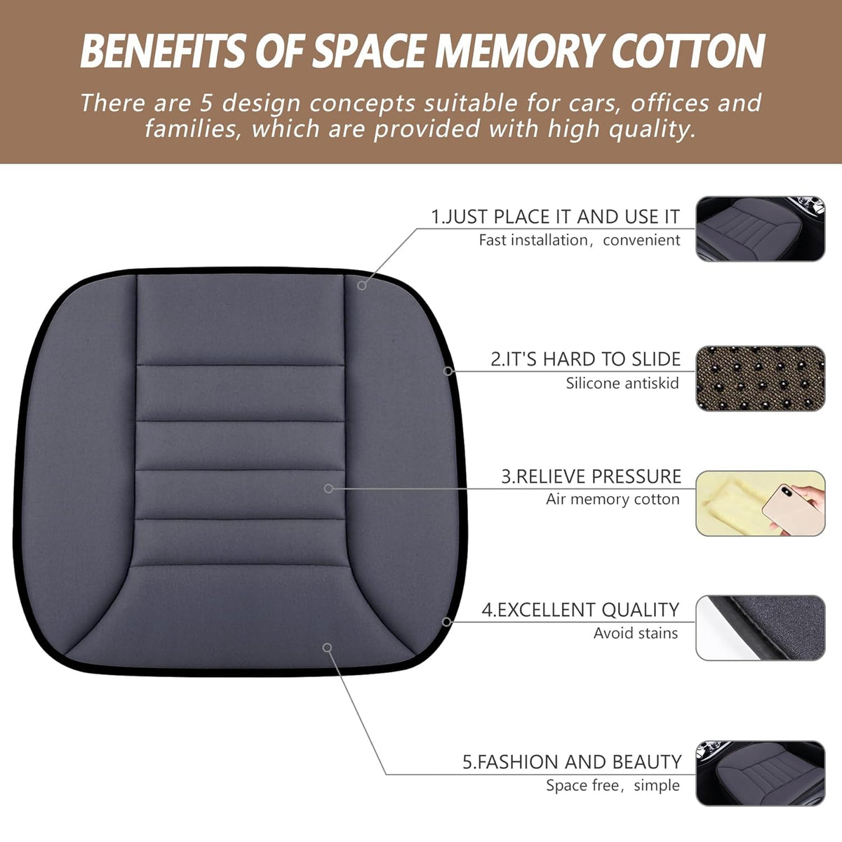 MYFAMIREA Car Seat Cushion Pad 1.2" Thick Comfort Seat Protector for Car Driver Seat Office Chair Home Use Memory Foam Seat Cushion with Non Slip Bottom, 20'' x 18.5'', Dark Gray