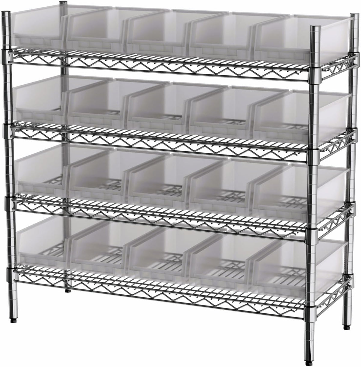 Hudson Exchange 36x14x33, 4-Tier (20 Bins Included), Industrial Wire Shelving Unit with Storage Shelf Bins, Chrome Rack (Clear)