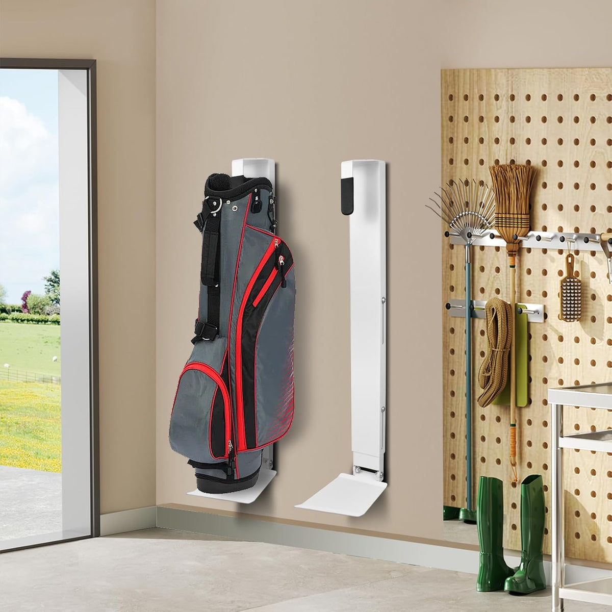 Wall Mount Golf Bag Storage Stand Organizer Rack for Garage, Air Spring Sliding System Single Golf Bag Holder for Wall, Golf Storage Organizer for Golfing Clubs, Home, Basement