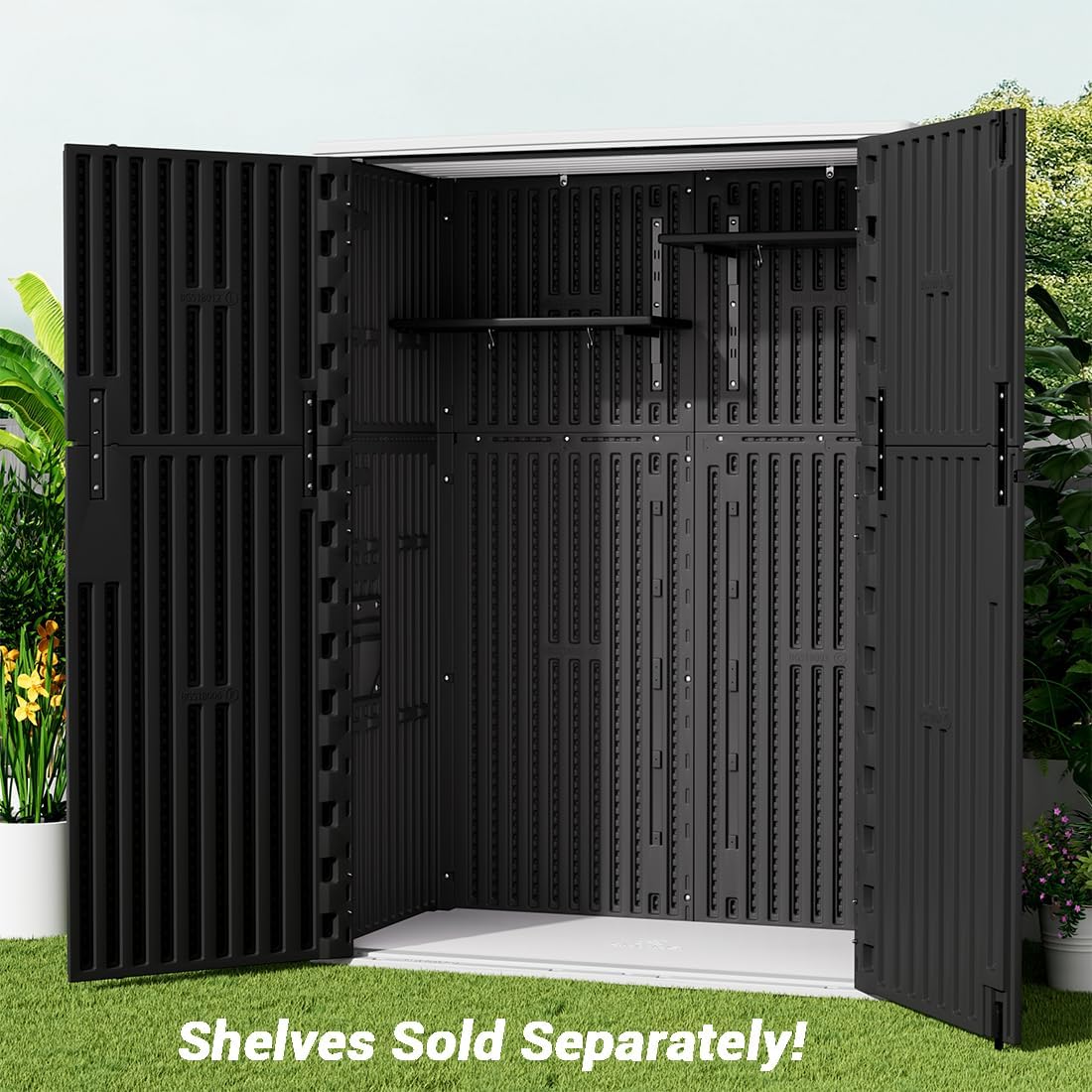 KINYING Outdoor Storage Cabinet Waterproof, 57 Cu.ft Resin Vertical Outdoor Storage Shed for Patio Furniture, Garden Tools, Pool Accessories, Mower Storage (Black)