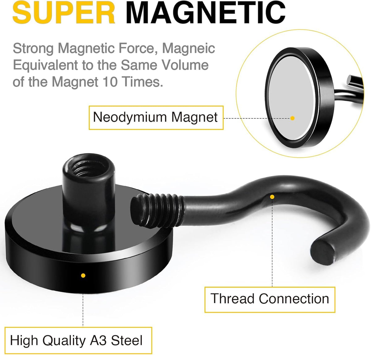 DIYMAG Black Magnetic Hooks, 50 LB Heavy Duty Magnet with Hook, 20 Packs Strong Rare Earth Neodymium Magnets for Hanging, Magnetics Hanger for Curtain, Home, Kitchen, Workplace