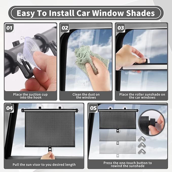Sfee Car Window Shade for Side Windows, 2 Pack Sun Shade Retractable for Car Blocks Heat and UV Rays Glare Protection Roller Sunshade Visor for Baby, Kids, Pets, Passengers