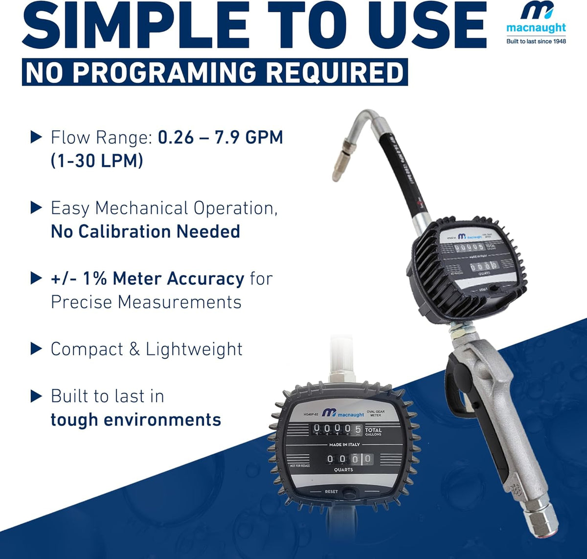 Macnaught Pneumatic Oil Gun with Control Valve 1/2" inch NPT Inlet, Mechanical Meter, Registers in Qts & Totals in Gal. Oil, antifreeze, trans fluid, lubricating oil, synthetic hydraulic oil & more