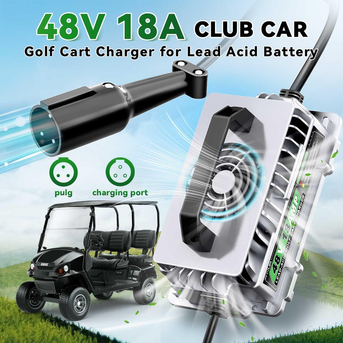 48 Volt 18 AMP Golf Cart Battery Charger for Club Car 3-Pin Round Plug for 48V Lead Acid Battery