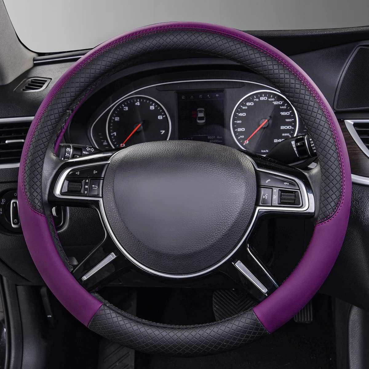 CAR PASS Rhombus Leather Universal Steering Wheel Cover, Fit for Suvs,Trucks,Cars,Sedans,Vans (Black&Dark Purple)