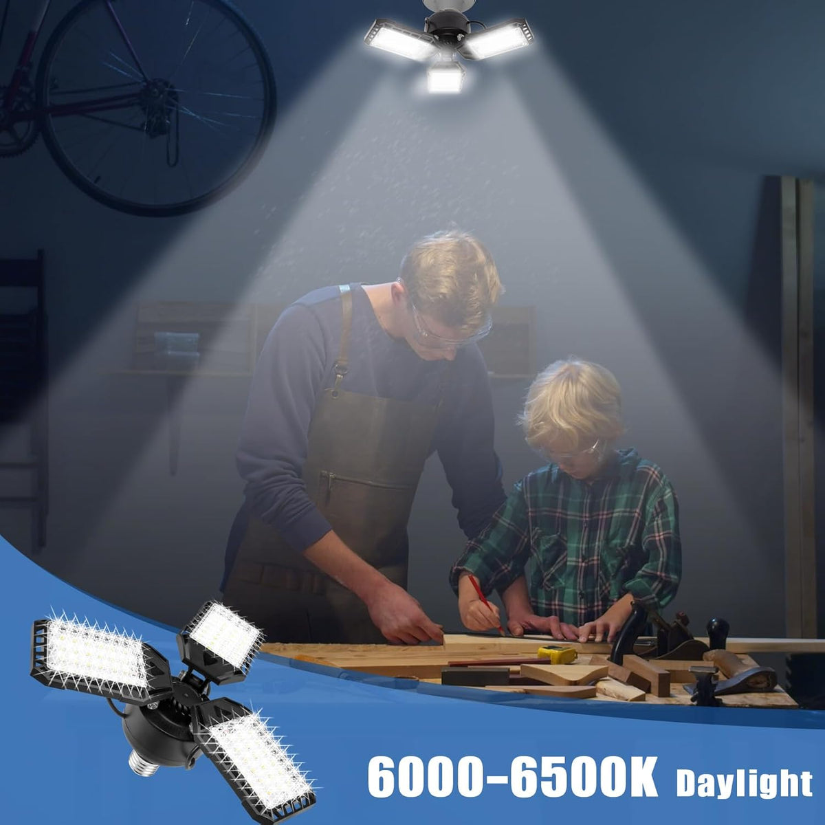 LED Garage Lights - 1 Pack, 80W, 8000LM 6500K Shop Light with 3 Deformable Panels, Basement Barn Light, E26/E27 for Shop, Warehouse, Basement