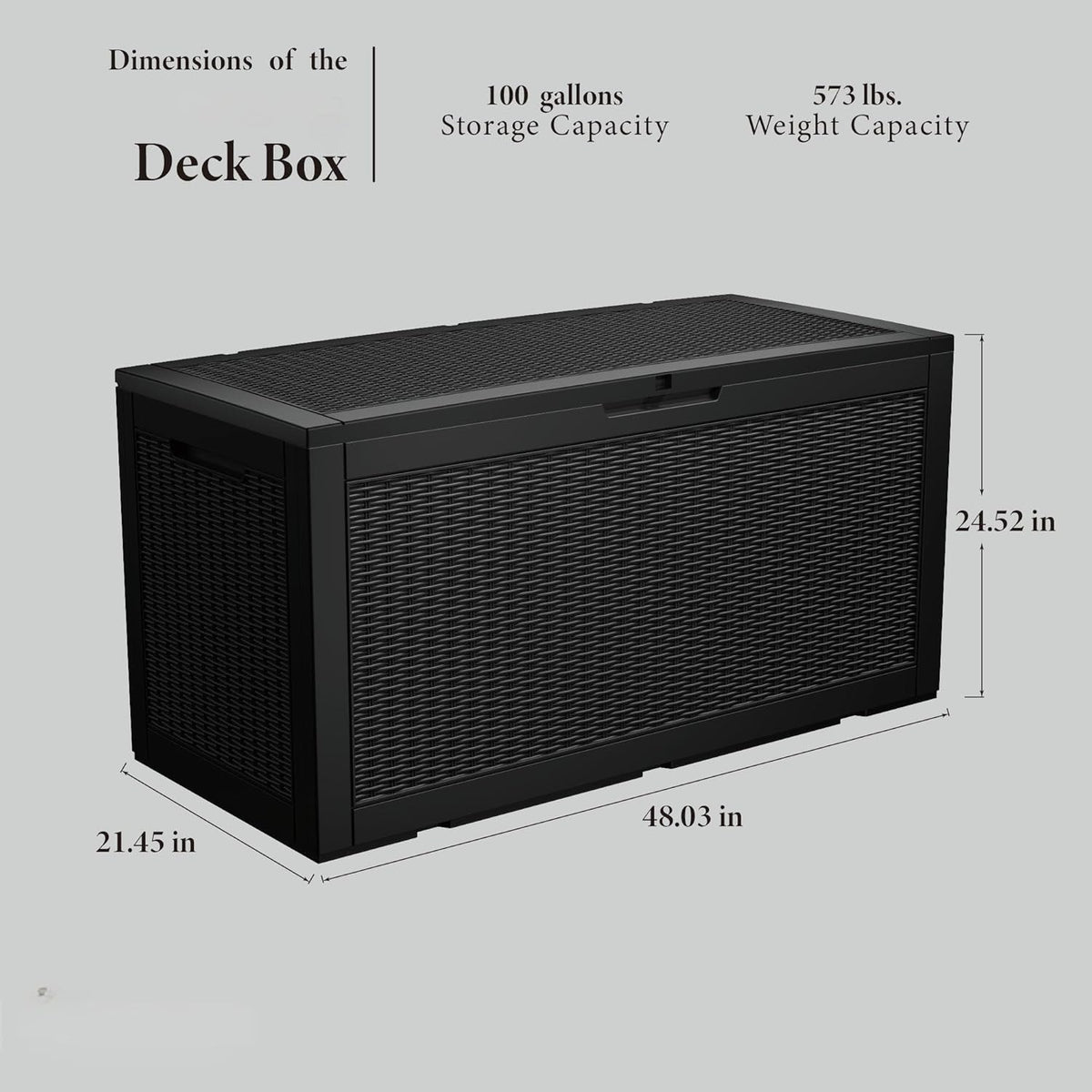 100 Gallon Resin Deck Box, Waterproof Outdoor Storage Bin for Patio Furniture, Pool Accessories, and Garden Tools, Lockable & UV-Resistant, Black