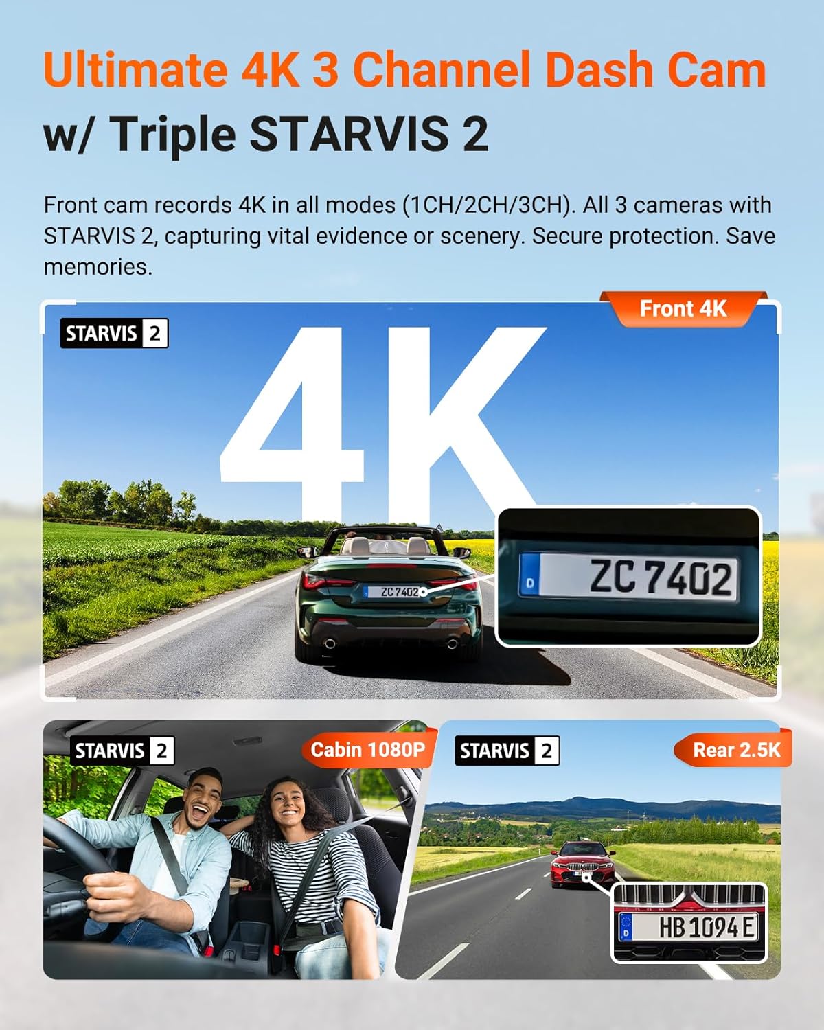 Vantrue N4 Pro S 4K 3 Channel Dash Cam w/Triple STARVIS 2, 4K+1080P+2.5K Front Inside Rear Dash Camera, HDR IR Night Vision, Voice Control, Parking Mode, GPS, Wi-Fi, Support 1TB