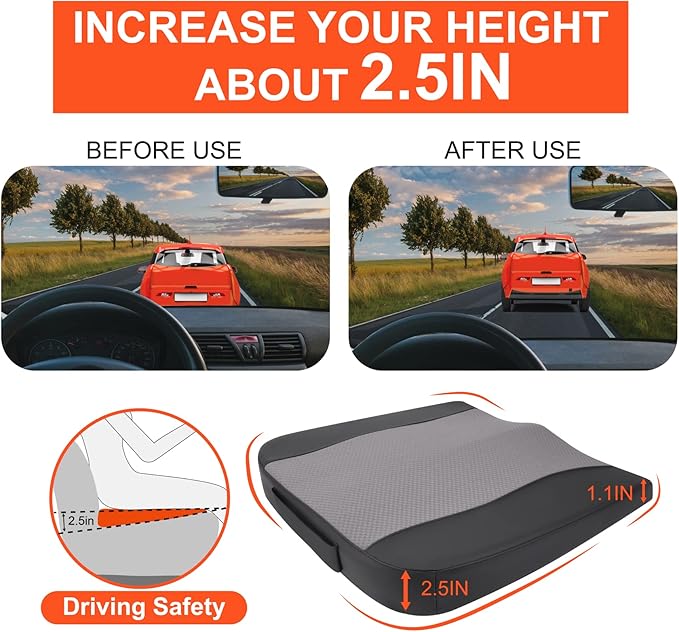 Car Seat Cushion, Comfort Memory Foam Car Cushions for Driving - Sciatica & Lower Back Pain Relief, Driver Seat Pillow for Auto, Office Chair, Wheelchair - Black&Gray