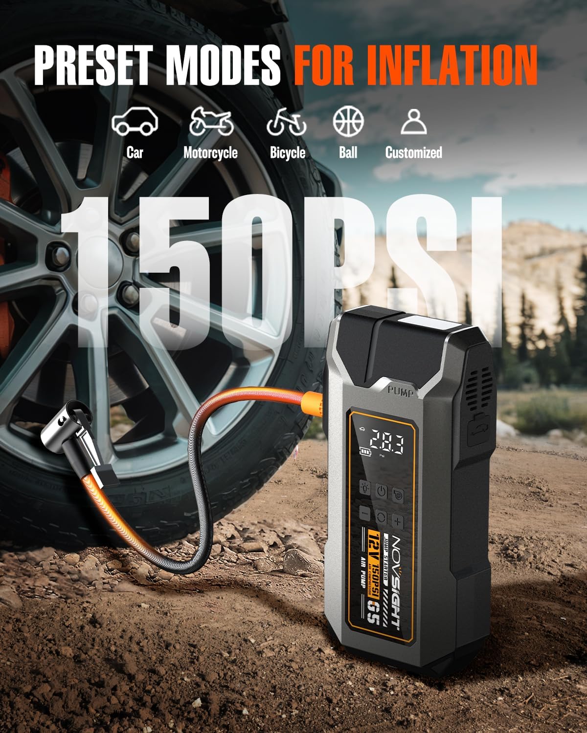 NOVSIGHT Jump Starter With Air Compressor - 6000A 13-in-1 Portable Jump Box for Car Battery, 12V Jump Starter Power Pack(ALL Gas/10L Diesel) 150PSI Auto-Shut Tire Inflator & Air Inflator/Deflator Pump