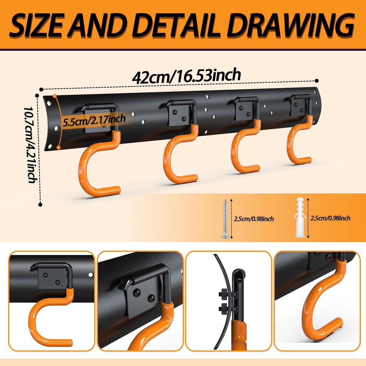 3-H 6×16" All Metal Garden Tool Organizer Wall Mount, Broom Holder Wall Mount for Garage, Shed, Garden, Basement Hanging and Organizing Rake, Mop, Shovel, Hose (6Pack)