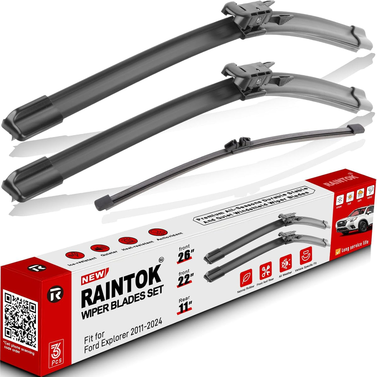 Windshield Wiper Blade Set Replacement for 2011-2022 Ford Explorer and Rear Windshield Wiper Blade-26"/22"/11" (Set of 3) Pinch Tab