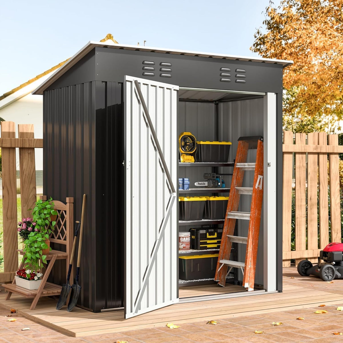 WKM 5X3 FT Outdoor Storage Shed, Utility Metal Tool Storage with Lockable Doors and Updated Frame Structure, Metal Garden Shed for Backyard, Patio Lawn, Black
