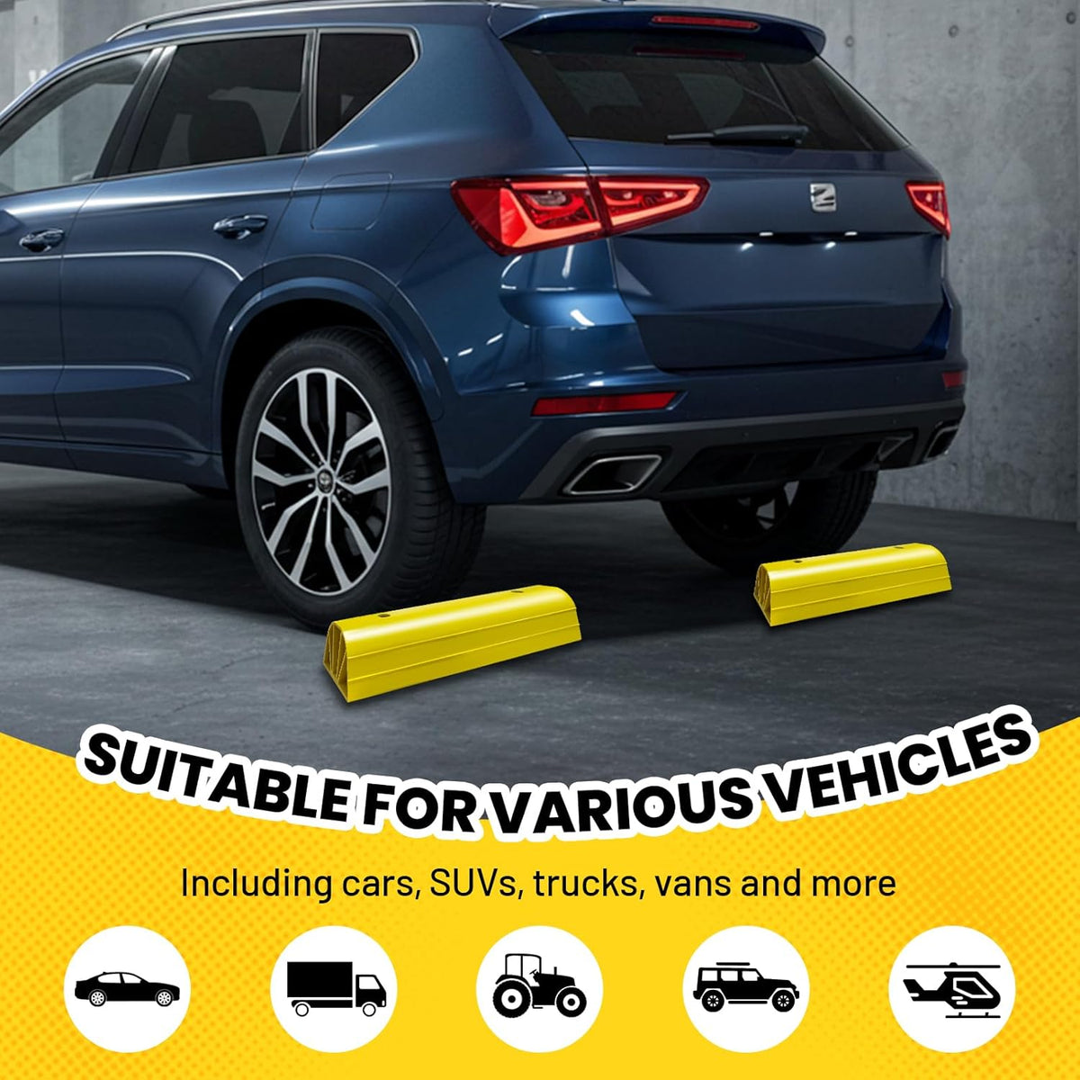 Garage Tire Stops for Garage Floor High-Visibility, 2 Pack 3.1" Higher Block Bumpers for Parking Car SUV Truck, Heavy Duty Car Wheel Stopper for Driveway Outdoor, Easy Installation