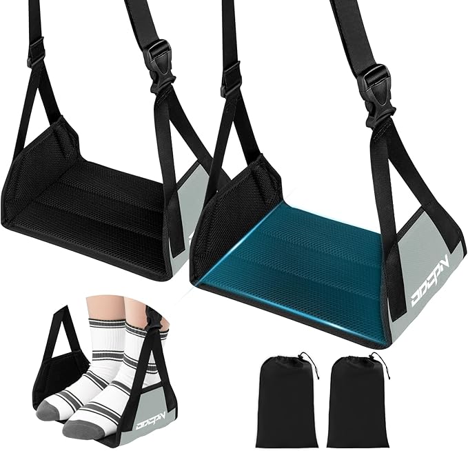 2-Pack Foot Hammock for Plane Travel, No Collapse Thickened Bamboo Airplane Foot Rest with Extended Adjustment Strap, Portable Desk Foot Hammock to Relax Your Feet, Foot Sling Travel Essentials(Grey)