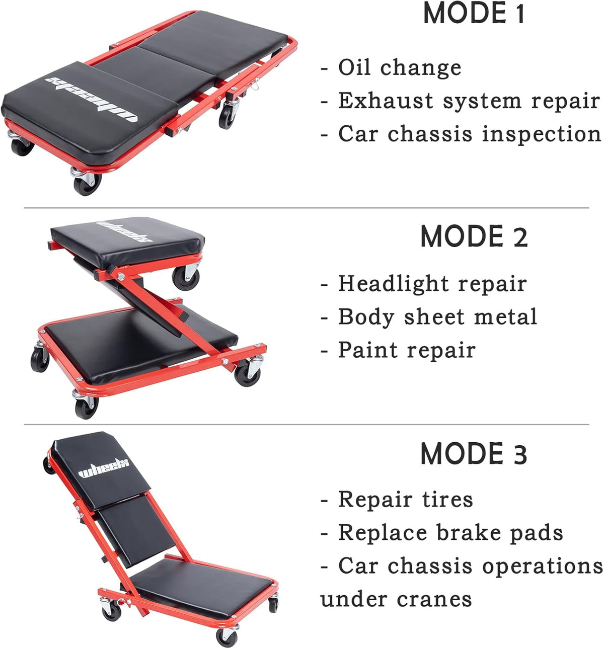 Mechanic Creeper 36 inches 3-in-1 Mode Z Seat 340lbs Capacity, Foldable Garage Adjustable Rolling Folding with 6pcs Wheels Roller, Lay Down Sit Lean Back, Under Car Auto Repair, Red Black