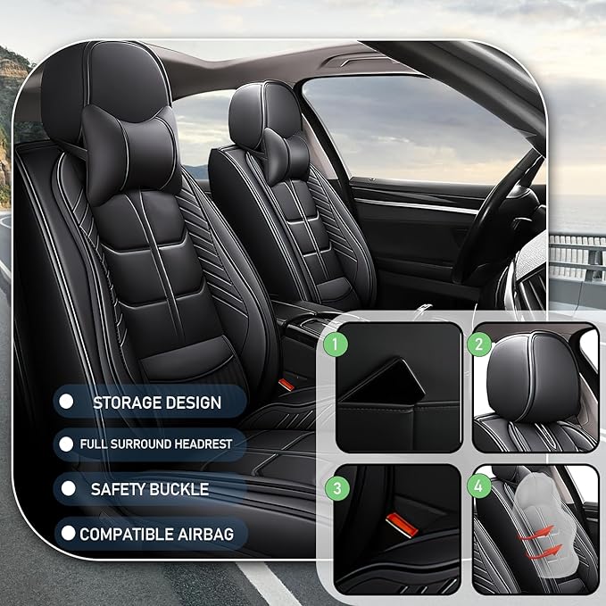 Leather Car Seat Covers Fit for Toyota Sienna 1997-2024, 5 Seater Car Seat Cover, Premium Waterproof, Scratch Resistant Car Interior Accessories (Full Set with Pillow Black)