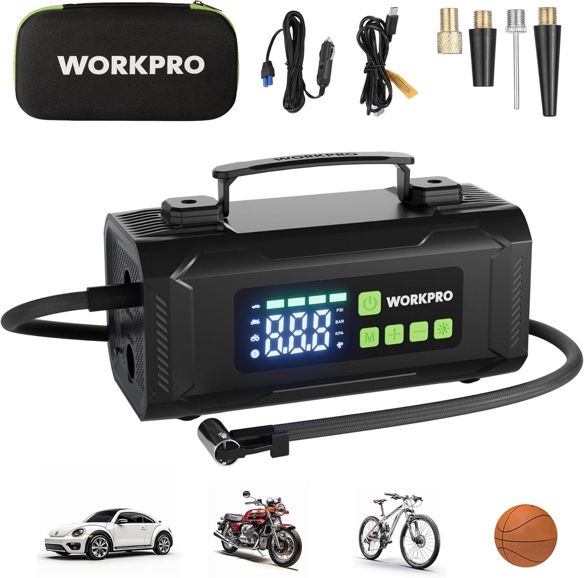 WORKPRO Tire Inflator Portable Air Compressor, 12V Electric Air Pump 150PSI for Car Tires with Pressure Gauge, 3X Faster Portable Tire Inflator for Car Motorcycle Bicycle Ball with Dual Power Supply