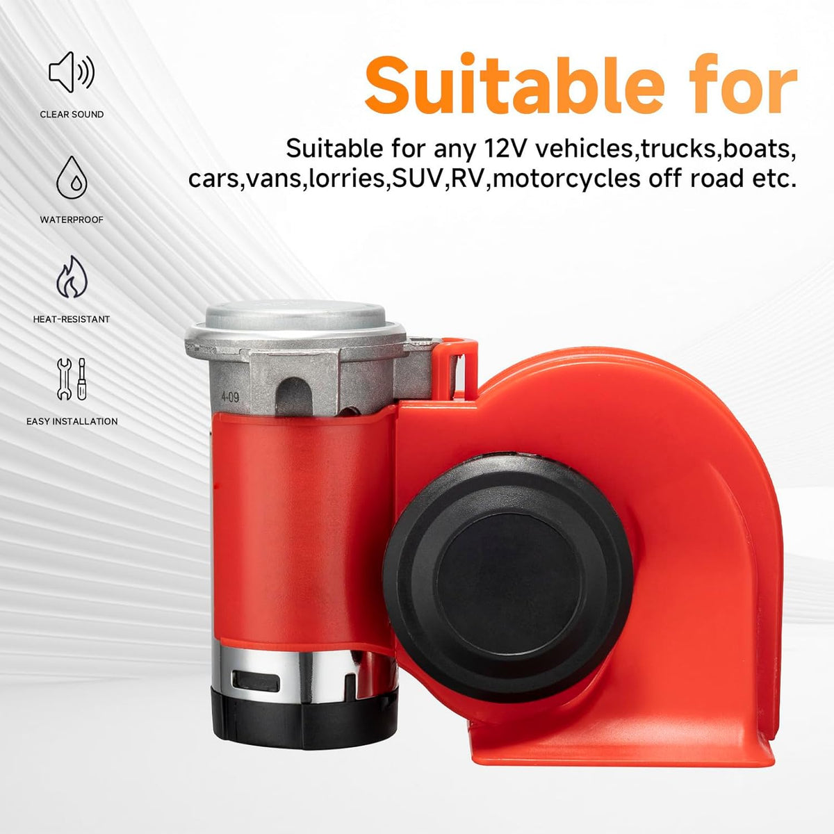 Train Horns kit for trucks,Air Horn for Motorcycle,Train Sound Car Horn Kit 12V Super Loud Electric Bull Horn(red horn with wire, 12v)