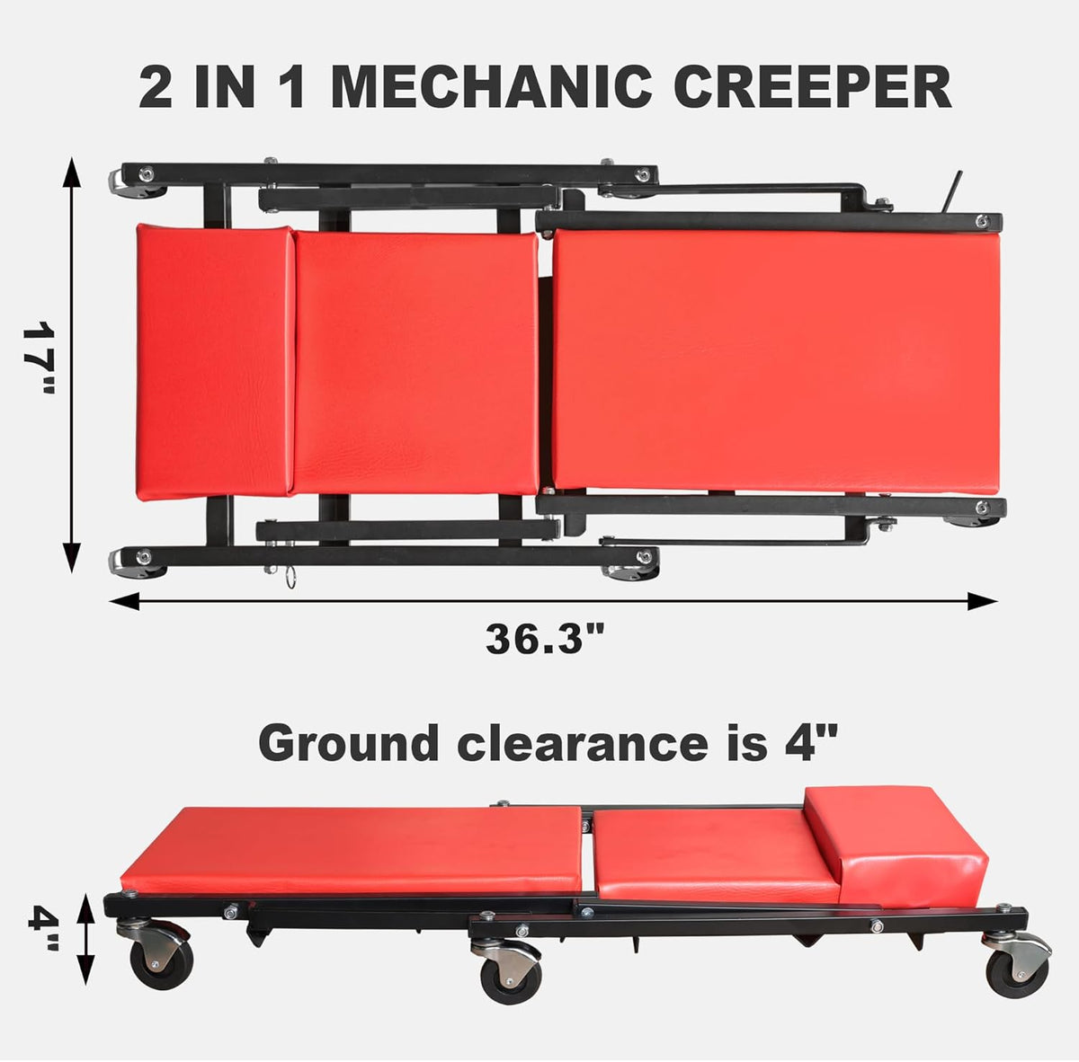 Torin 36" Rolling Foldable Car Creeper Automotive Creeper, 2-in-1 Garage Shop Creeper for Auto Repair, 300 Lbs Capacity, Red,TAM6505RB