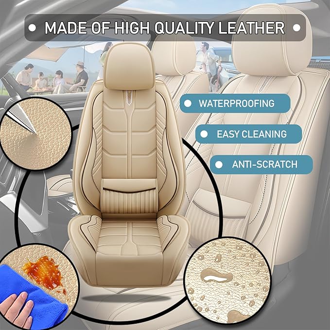 Leather Car Seat Covers Fit for Toyota Matrix 2003-2013, 5 Seater Car Seat Cover, Premium Waterproof, Scratch Resistant Car Interior Accessories (Full Set Beige)