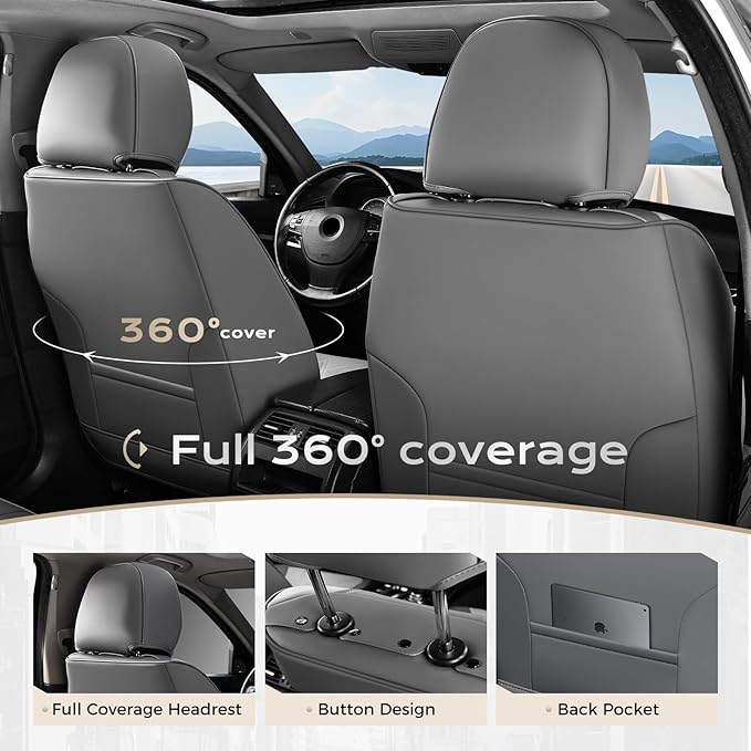Coverado Car Seat Covers Full Set, Seat Covers for Cars, Front Seat Covers and Back Seat Cover Waterproof Leather Automotive Seat Cover, Universal Car Interior Protectors for Most Cars Light_Gray
