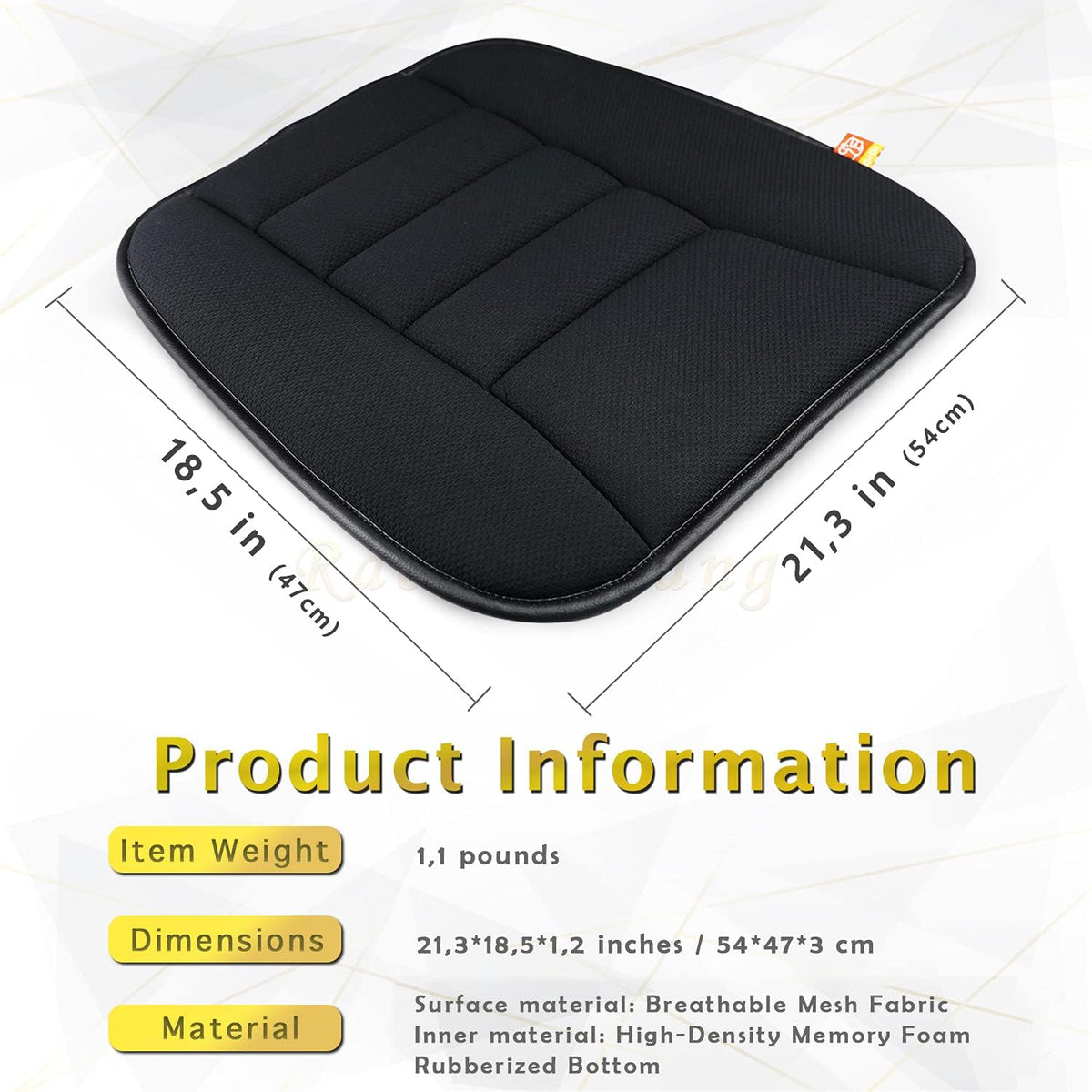 Car Seat Cushion Memory Foam Thin Seat Cushion for Car Truck Seat Driver, 20x18.5x1.2 Inches, Black