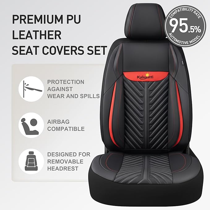 PU Leather Car Seat Covers Front Set – Waterproof seat Cover for Cars，3D Foam Support Automotive seat Covers ，Airbag Compatible, Universal Fit for Cars SUVs Trucks Sedans（Black/Red）