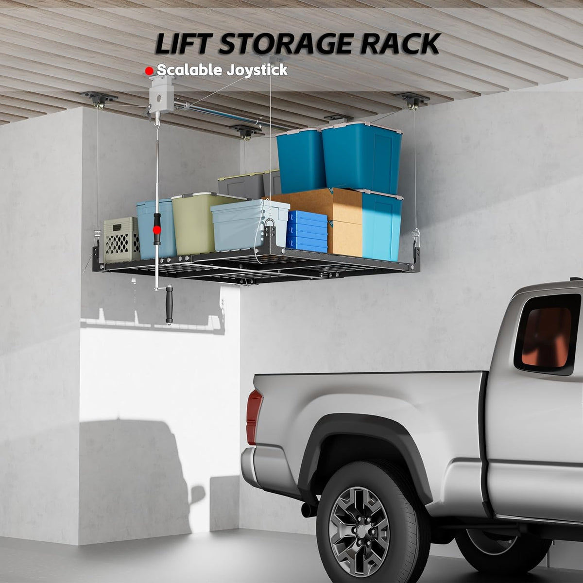 4x4FT Ceiling Storage Racks Lift,Overhead Garage Storage Rack,Adjustable Organization System,Workshops or Basements(Black)