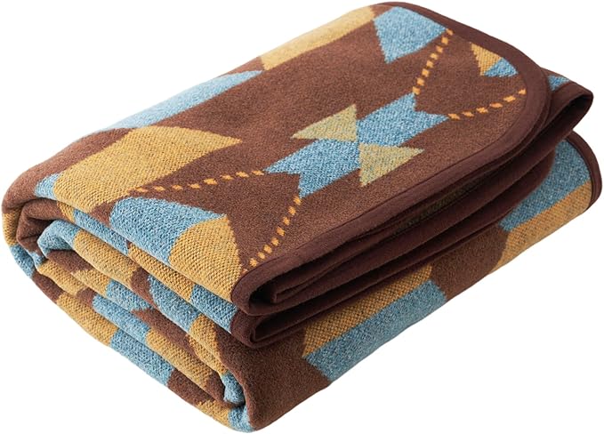 PuTian Merino Wool Blanket - Large Warm Soft Washable Camp Blanket Throw for Bed Couch Camping Outdoor Travel Emergency, Brown Geometry