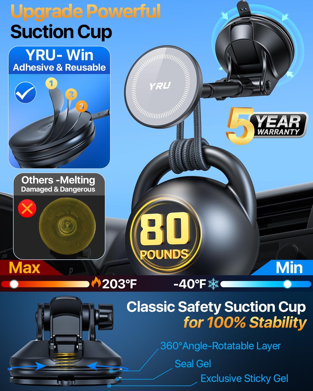 YRU [2025 Upgraded] Magnetic Phone Holder for Car【Patented & Super Magnet】 for MagSafe Car Mount Dashboard Magnet Phone Holder Windshield Phone Stand for iPhone 16 15 14 13 12 Pro Max Samsung, Grey