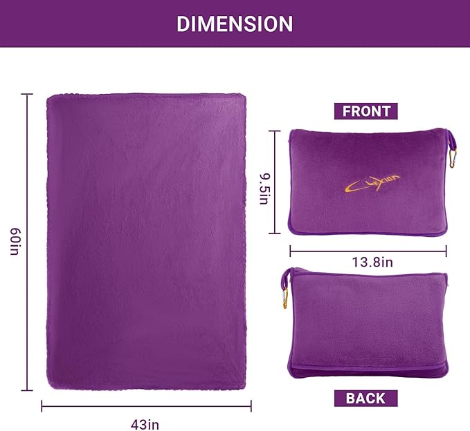 Travel Blanket & Pillow Set, 300 GSM Soft Fleece, 60x43 Inches, 3-in-1 Airplane Blanket, Travel Pillow and Blanket Set, Travel Blanket Airplane Compact with Bag, Travel Essentials, Violet