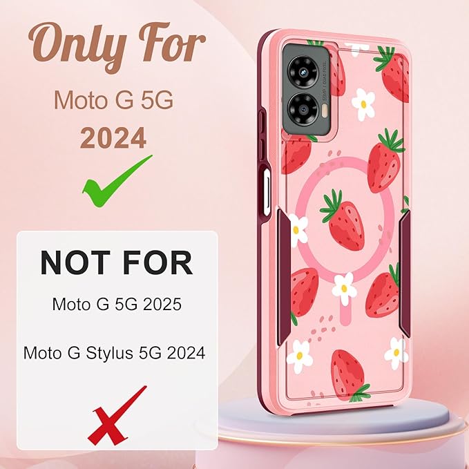 for Moto G 5G 2024 Case - Compatible with MagSafe Women Girls Cute Magnetic Protective Phone Cover Girly Kawaii Strawberry Heavy Duty Shockproof Design for Motorola Moto G 5G 2024 Cases