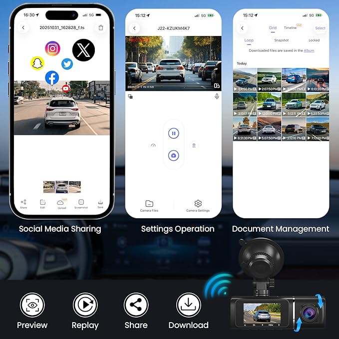 Dash Cam Front and Rear, 4K+1080P Dash Camera with 1.97" Display - Dashcam with 5GHz Wi-Fi APP Control 64GB Card 24H Parking Mode Night Vision Loop Recording WDR 170° Wide Angle G-Sensor Max 256GB