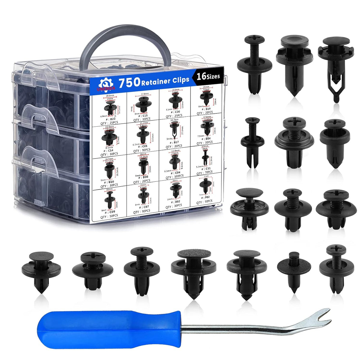Car Push Retainer Clips 750pcs with 16 Popular Push Pins for Auto Parts - Sizes - Blue Fastener Remover Tool for Toyota, GM, Ford, Honda, Acura, Chrysler