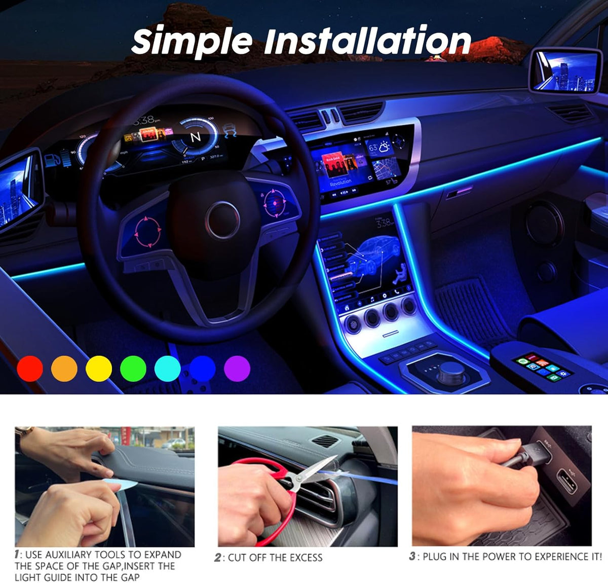 USB Car LED Lights, Interior Car Lights Strip with APP and RF Remote Control, 5 in 1 Ambient Lighting with 276 inches Fiber Optic Music Sync Simple Installation EL Wire Lights (5 in 1/276 inches)