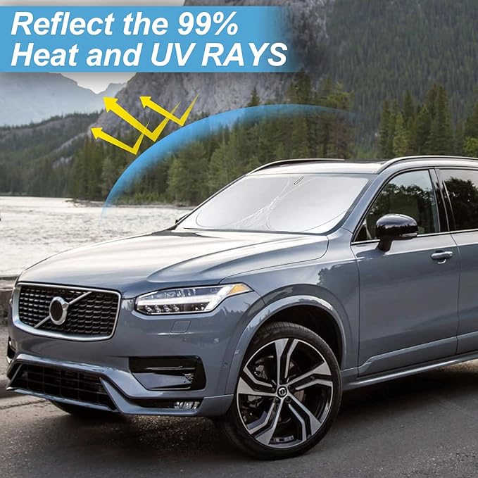 Custom Fit XC90 Windshield Sunshade for 2016 2017 2018-2024 2025 2026 Volvo XC90 SUV Interior Accessories Front Window Shield 210T Silver Coating Cover for Windshield Sun Visor Protector Blocks UV