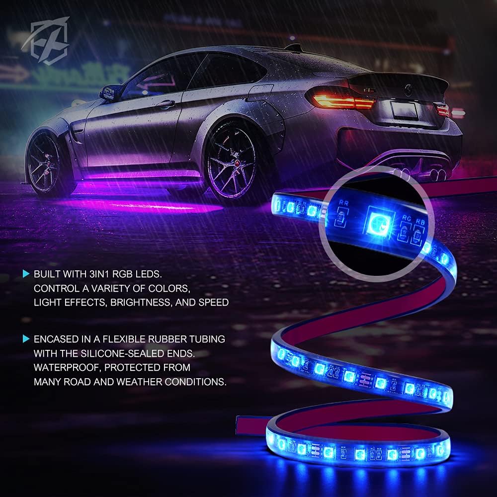 Xprite 8Pcs Car RGB LED Strip Lights, Exterior Underglow & Interior Bluetooth Lights Kit, APP Control & Wireless Remote, Music Sync, Underbody Inside Neon Ambient Lighting Strips for Cars SUV Truck